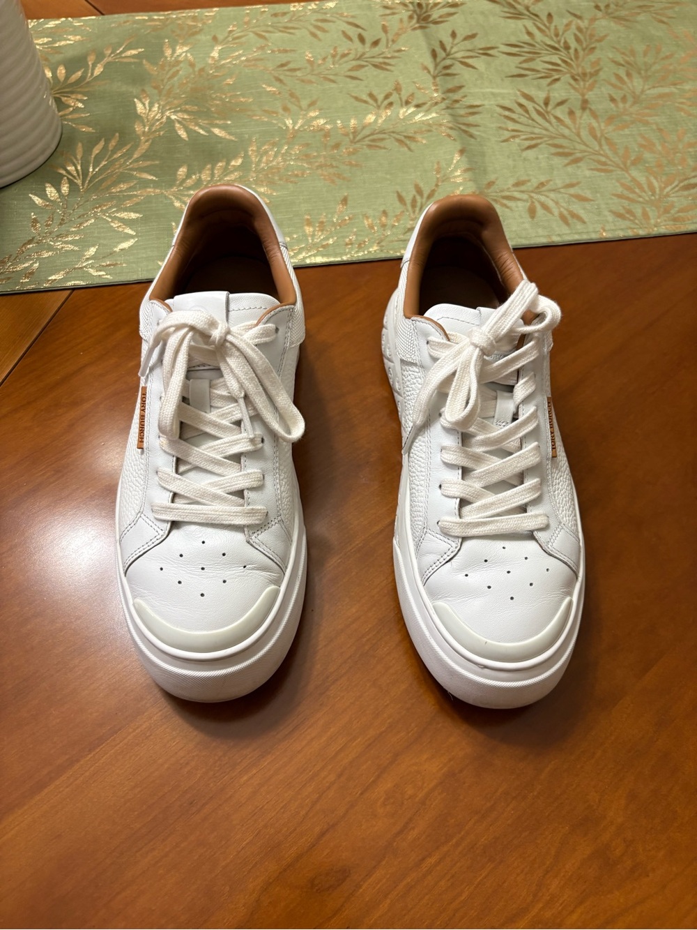Tory Burch Men's White Leather Sneakers with Tan Collar